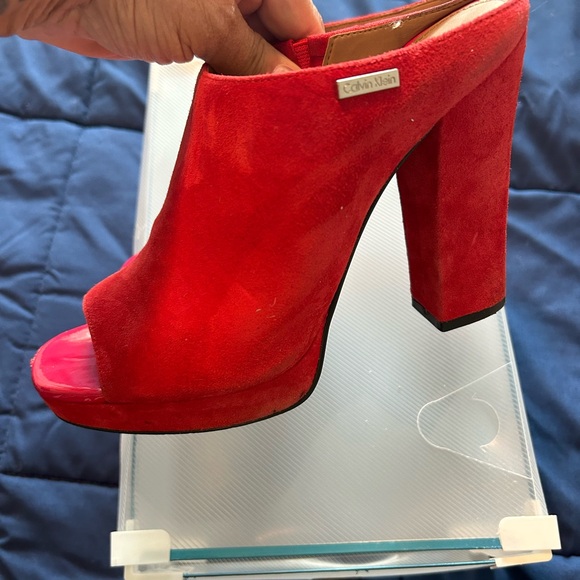 CALVIN KLEIN • Red Leather/Suede High Mule Sandals • 7 • - Picture 2 of 10